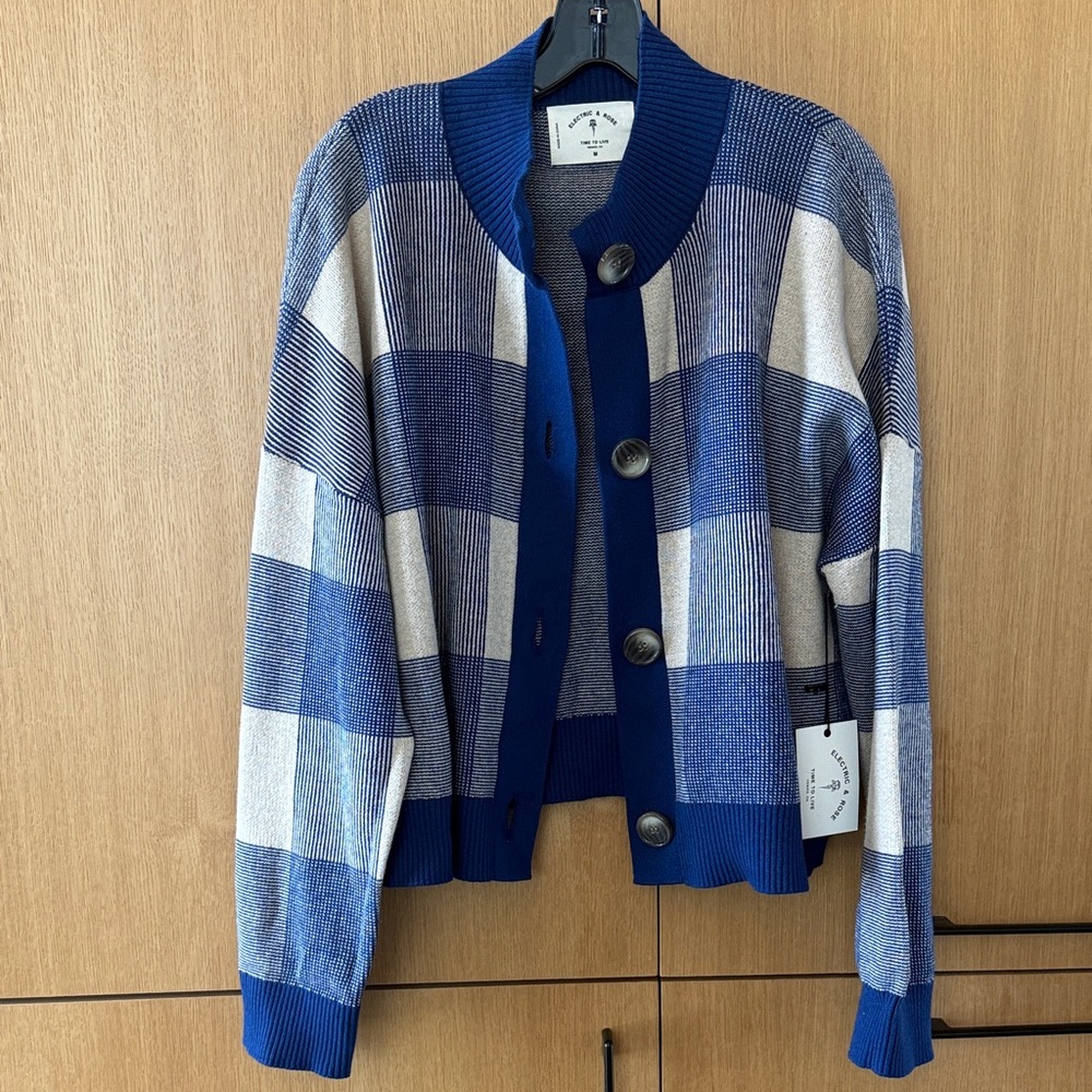 Electric & Rose Rudi Cardigan-Plaid Indigo/Sand Color Womens size Medium
